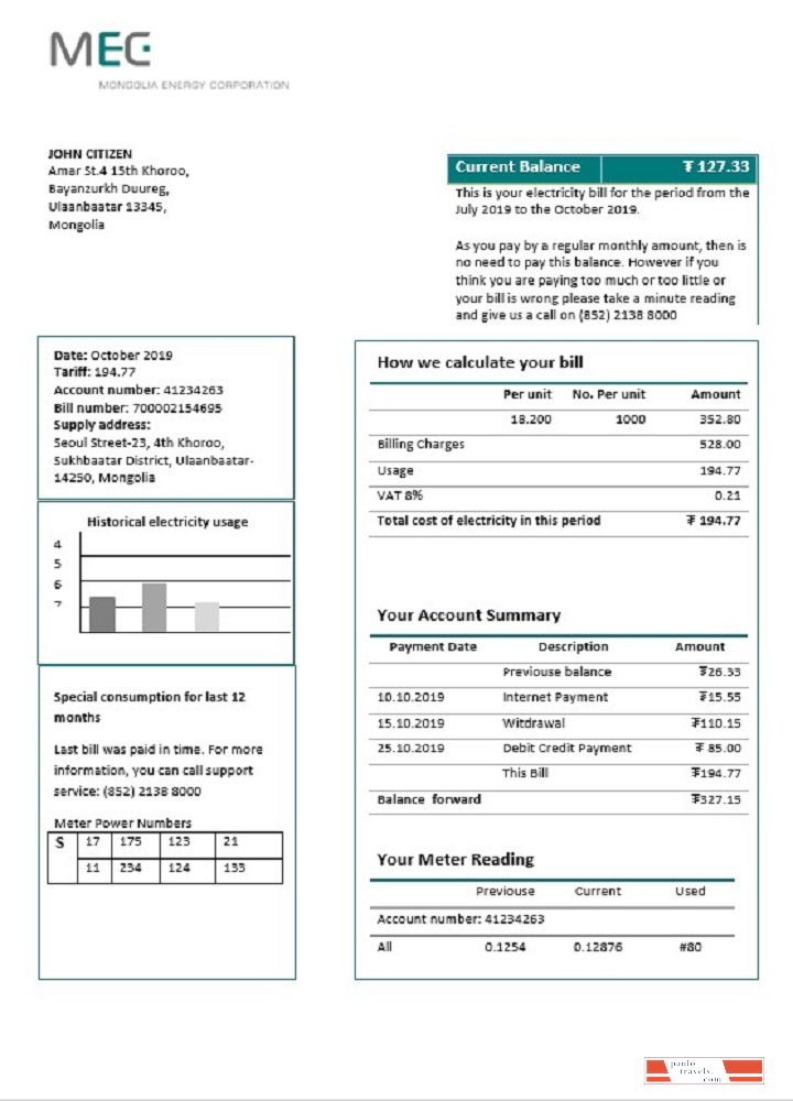 Mongolia Energy Corporation (MEC) electricity utility bill template in Word and PDF format